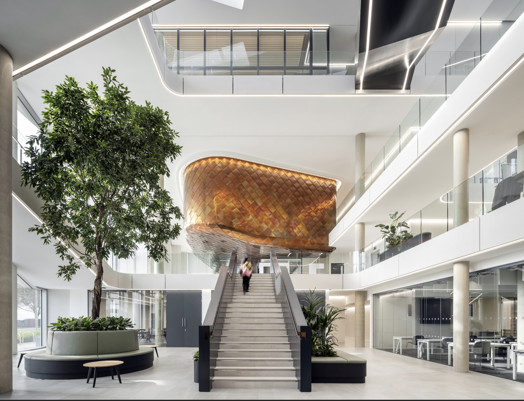 Foyer and staircase inside the Ray Dolby Centre at the Cavendish Laboratory